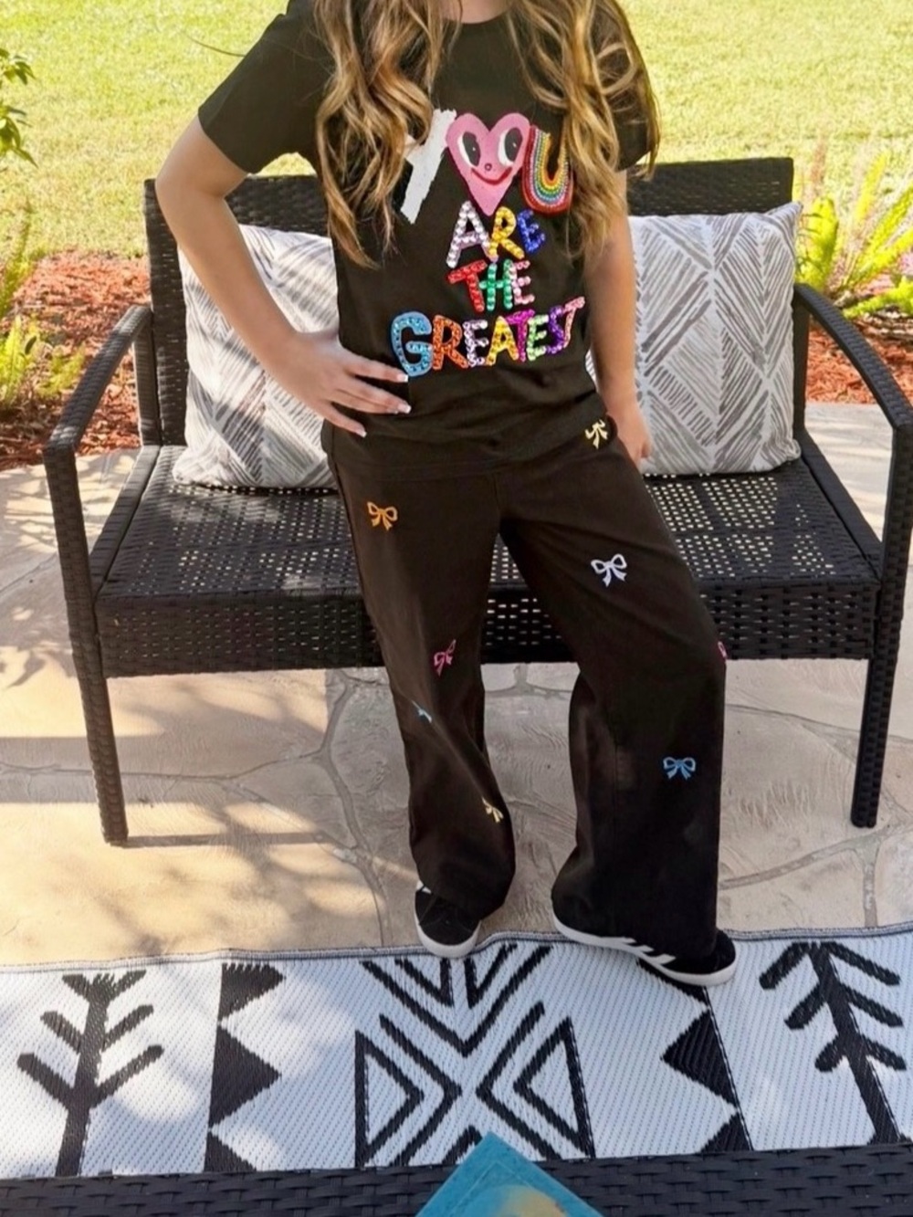Black Jeans with Multicolor Bow size Girl's 10 - matches everything! - Picture 1 of 7
